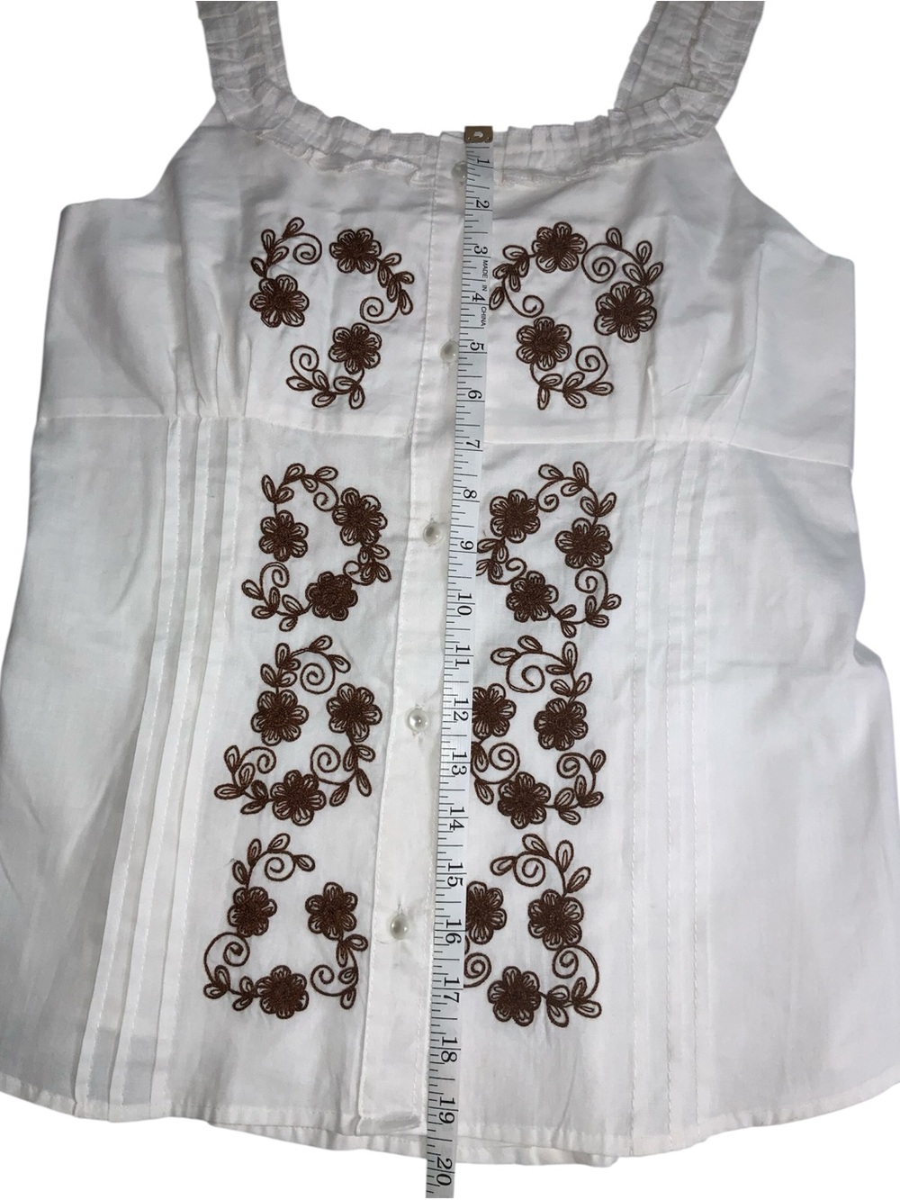 Hand made it White Sleeveless Button Front Top with Brown Floral Embroidery - Picture 4 of 6